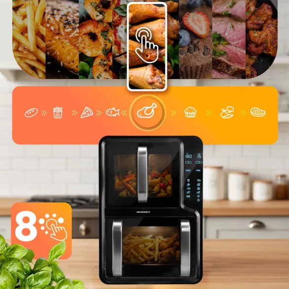 Air Fryer forrólevegős sütő, Berdsen BD-664, 12 l, fekete, kétkamrás, olaj nélküli sütés, érintőkijelzős, 8 programos, ablakos kosár, függőleges, 2800 W