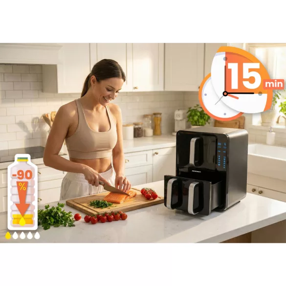 Air Fryer forrólevegős sütő, Berdsen BD-664, 12 l, fekete, kétkamrás, olaj nélküli sütés, érintőkijelzős, 8 programos, ablakos kosár, függőleges, 2800 W