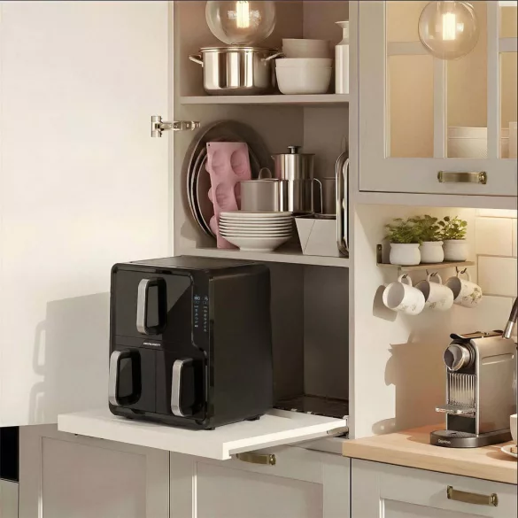 Air Fryer forrólevegős sütő, Berdsen BD-664, 12 l, fekete, kétkamrás, olaj nélküli sütés, érintőkijelzős, 8 programos, ablakos kosár, függőleges, 2800 W