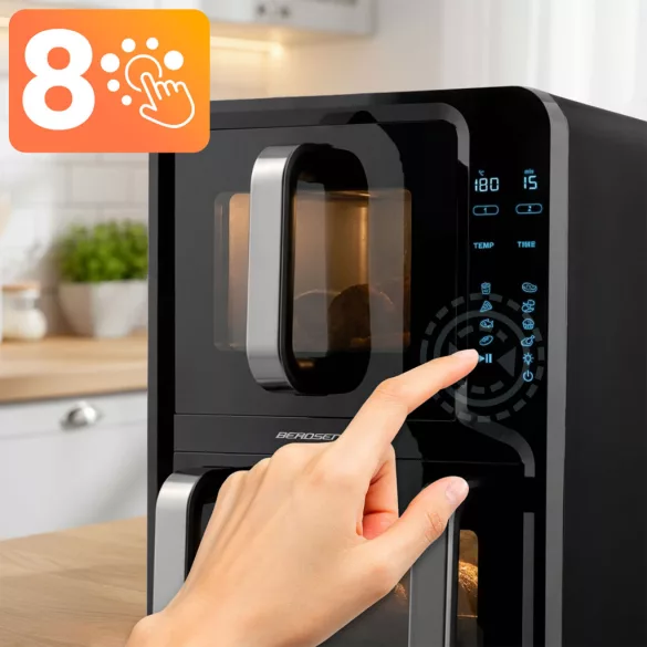 Air Fryer forrólevegős sütő, Berdsen BD-664, 12 l, fekete, kétkamrás, olaj nélküli sütés, érintőkijelzős, 8 programos, ablakos kosár, függőleges, 2800 W