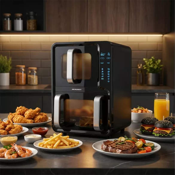 Air Fryer forrólevegős sütő, Berdsen BD-664, 12 l, fekete, kétkamrás, olaj nélküli sütés, érintőkijelzős, 8 programos, ablakos kosár, függőleges, 2800 W