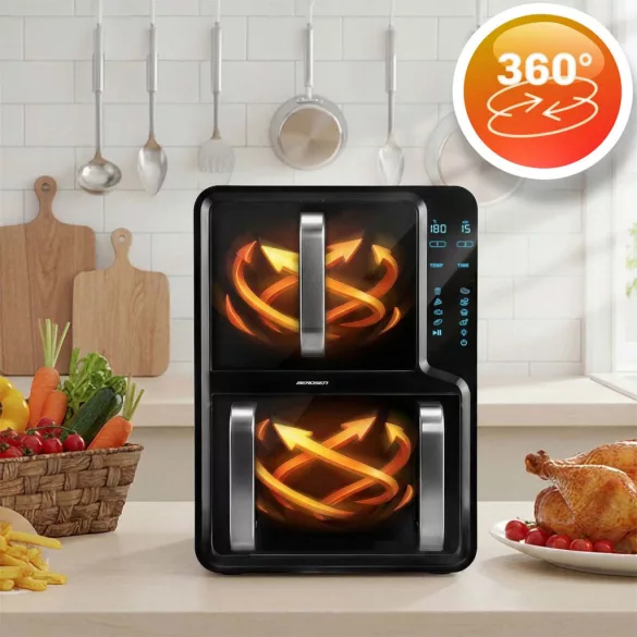 Air Fryer forrólevegős sütő, Berdsen BD-664, 12 l, fekete, kétkamrás, olaj nélküli sütés, érintőkijelzős, 8 programos, ablakos kosár, függőleges, 2800 W