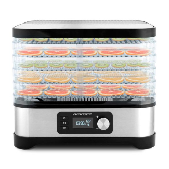 Konyhai aszaló, Berdsen BD-690, ezüst, elektromos, 400 W, 10 l, 5 szárítótálca, állítható hőmérséklet 35–70 °C, időzítő 1–24 óra, túlmelegedés elleni védelem