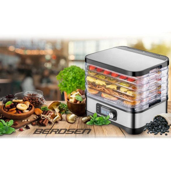 Konyhai aszaló, Berdsen BD-690, ezüst, elektromos, 400 W, 10 l, 5 szárítótálca, állítható hőmérséklet 35–70 °C, időzítő 1–24 óra, túlmelegedés elleni védelem