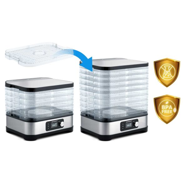 Konyhai aszaló, Berdsen BD-690, ezüst, elektromos, 400 W, 10 l, 5 szárítótálca, állítható hőmérséklet 35–70 °C, időzítő 1–24 óra, túlmelegedés elleni védelem