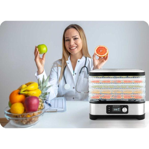 Konyhai aszaló, Berdsen BD-690, ezüst, elektromos, 400 W, 10 l, 5 szárítótálca, állítható hőmérséklet 35–70 °C, időzítő 1–24 óra, túlmelegedés elleni védelem