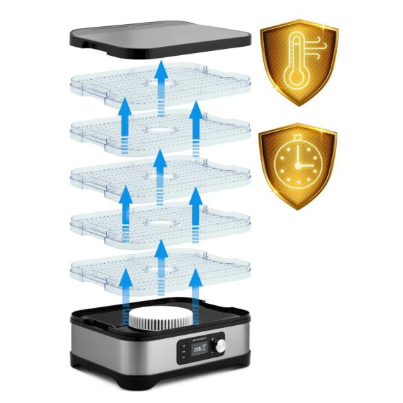 Konyhai aszaló, Berdsen BD-690, ezüst, elektromos, 400 W, 10 l, 5 szárítótálca, állítható hőmérséklet 35–70 °C, időzítő 1–24 óra, túlmelegedés elleni védelem