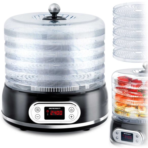 Konyhai aszaló, Berdsen BD-691, fekete, elektromos, 400 W, 10 l, 5 szárítótálca, állítható hőmérséklet 35–70 °C, időzítő 1–72 óra, túlmelegedés elleni védelem