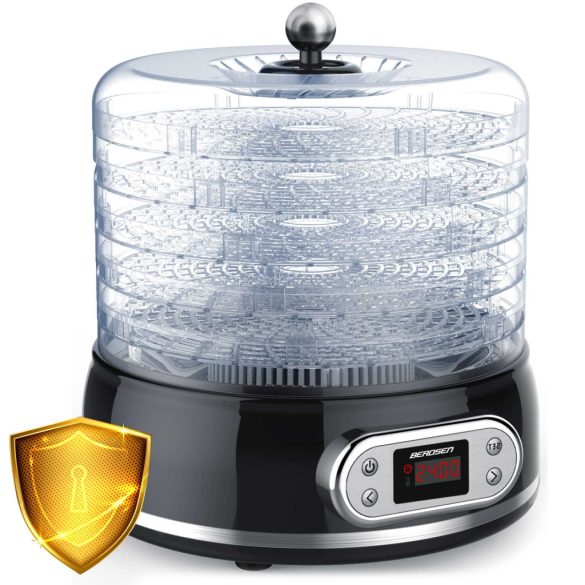 Konyhai aszaló, Berdsen BD-691, fekete, elektromos, 400 W, 10 l, 5 szárítótálca, állítható hőmérséklet 35–70 °C, időzítő 1–72 óra, túlmelegedés elleni védelem