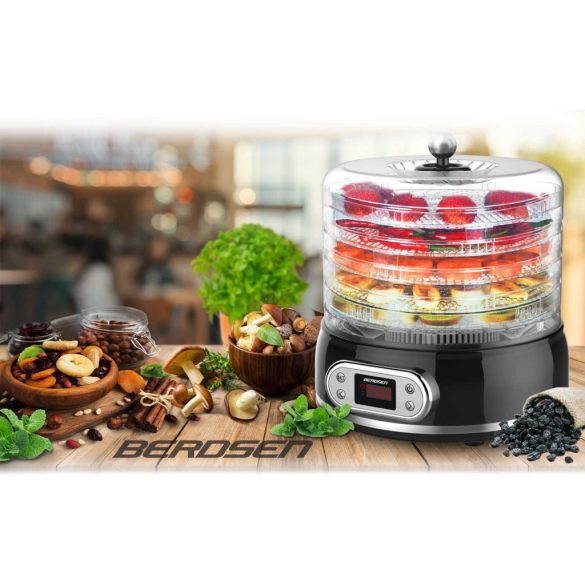 Konyhai aszaló, Berdsen BD-691, fekete, elektromos, 400 W, 10 l, 5 szárítótálca, állítható hőmérséklet 35–70 °C, időzítő 1–72 óra, túlmelegedés elleni védelem