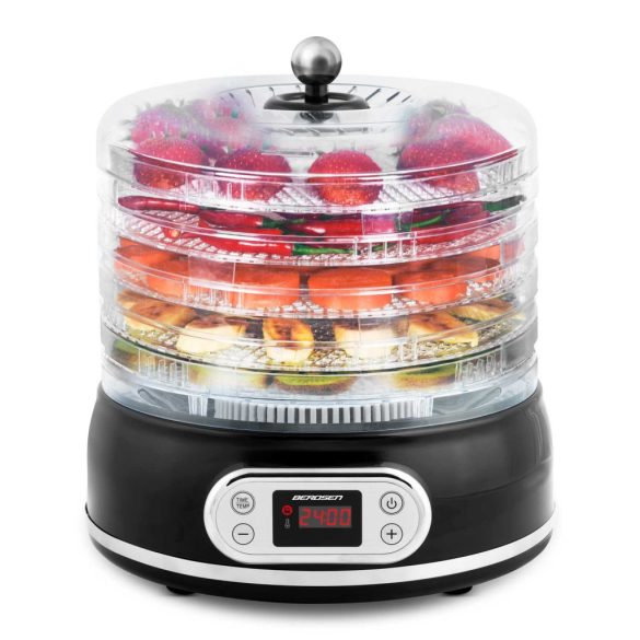 Konyhai aszaló, Berdsen BD-691, fekete, elektromos, 400 W, 10 l, 5 szárítótálca, állítható hőmérséklet 35–70 °C, időzítő 1–72 óra, túlmelegedés elleni védelem