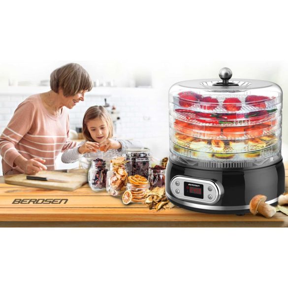Konyhai aszaló, Berdsen BD-691, fekete, elektromos, 400 W, 10 l, 5 szárítótálca, állítható hőmérséklet 35–70 °C, időzítő 1–72 óra, túlmelegedés elleni védelem