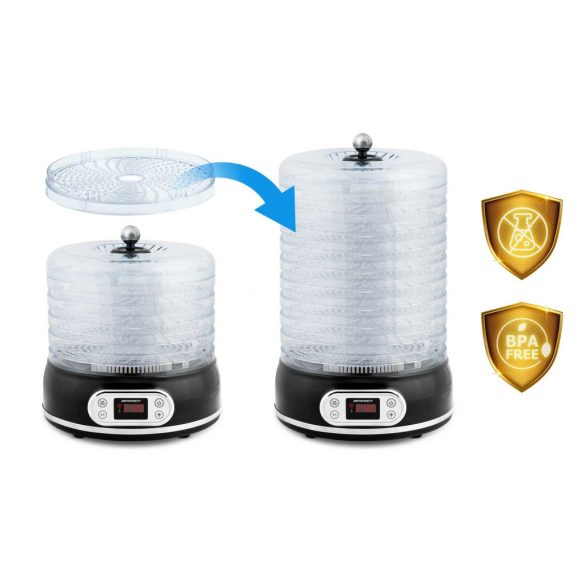 Konyhai aszaló, Berdsen BD-691, fekete, elektromos, 400 W, 10 l, 5 szárítótálca, állítható hőmérséklet 35–70 °C, időzítő 1–72 óra, túlmelegedés elleni védelem