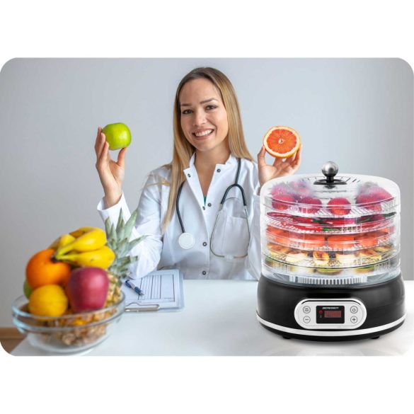 Konyhai aszaló, Berdsen BD-691, fekete, elektromos, 400 W, 10 l, 5 szárítótálca, állítható hőmérséklet 35–70 °C, időzítő 1–72 óra, túlmelegedés elleni védelem