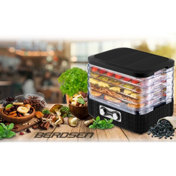 Konyhai aszaló, Berdsen BD-692, fekete, elektromos, 400 W, 10 l, 5 szárítótálca, állítható hőmérséklet 35–70 °C, időzítő 1–24 óra, túlmelegedés elleni védelem