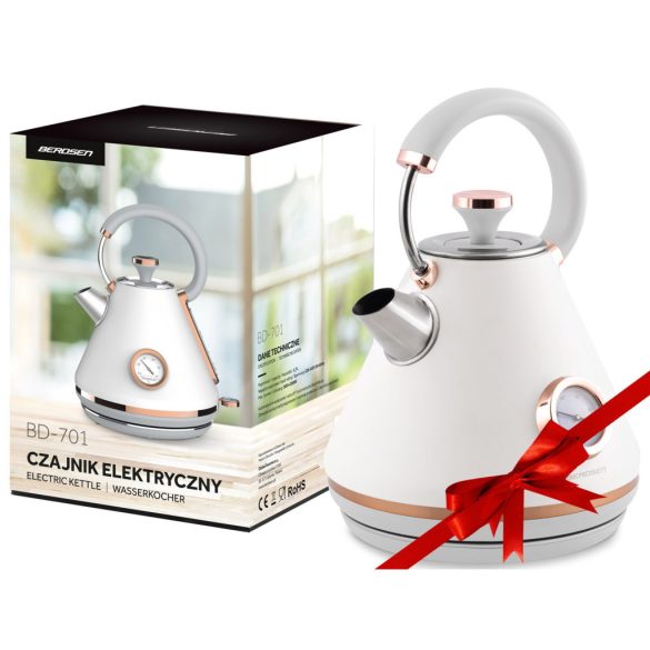 Vízforraló, Berdsen BD-701, 1700 ml, fehér, 1850-2200 W, fém ház, szárazonforrás elleni védelem, 360°-os talp, világító kapcsoló, kivehető vízkőszűrő, hőmérővel