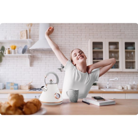 Vízforraló, Berdsen BD-701, 1700 ml, fehér, 1850-2200 W, fém ház, szárazonforrás elleni védelem, 360°-os talp, világító kapcsoló, kivehető vízkőszűrő, hőmérővel