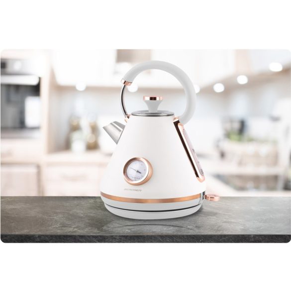 Vízforraló, Berdsen BD-701, 1700 ml, fehér, 1850-2200 W, fém ház, szárazonforrás elleni védelem, 360°-os talp, világító kapcsoló, kivehető vízkőszűrő, hőmérővel