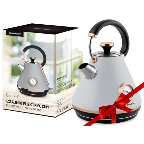 Vízforraló, Berdsen BD-701, 1700 ml, szürke, 1850-2200 W, fém ház, szárazonforrás elleni védelem, 360°-os talp, világító kapcsoló, kivehető vízkőszűrő, hőmérővel
