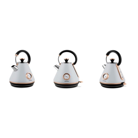 Vízforraló, Berdsen BD-701, 1700 ml, szürke, 1850-2200 W, fém ház, szárazonforrás elleni védelem, 360°-os talp, világító kapcsoló, kivehető vízkőszűrő, hőmérővel