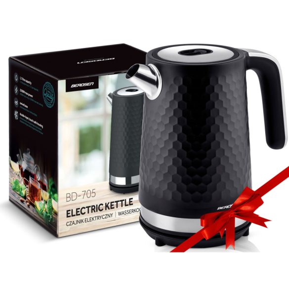 Vízforraló, Berdsen BD-705, 1700 ml, fekete-ezüst, 1850-2200 W, fém ház, szárazonforrás elleni védelem, 360°-os talp, világító kapcsoló, kivehető vízkőszűrő