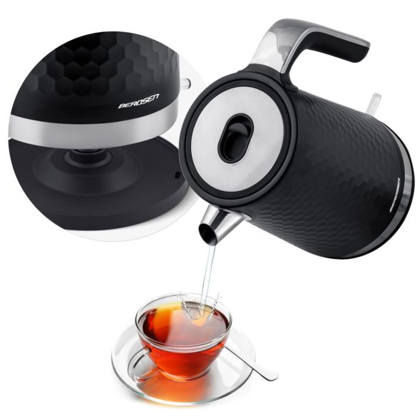 Vízforraló, Berdsen BD-705, 1700 ml, fekete-ezüst, 1850-2200 W, fém ház, szárazonforrás elleni védelem, 360°-os talp, világító kapcsoló, kivehető vízkőszűrő