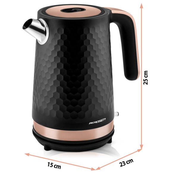 Vízforraló, Berdsen BD-705, 1700 ml, fekete-réz, 1850-2200 W, fém ház, szárazonforrás elleni védelem, 360°-os talp, világító kapcsoló, kivehető vízkőszűrő
