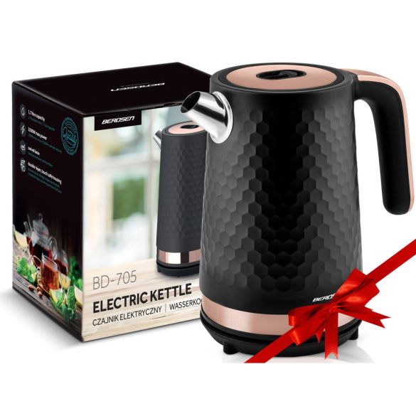 Vízforraló, Berdsen BD-705, 1700 ml, fekete-réz, 1850-2200 W, fém ház, szárazonforrás elleni védelem, 360°-os talp, világító kapcsoló, kivehető vízkőszűrő