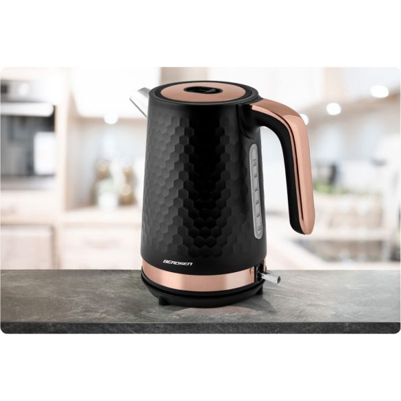 Vízforraló, Berdsen BD-705, 1700 ml, fekete-réz, 1850-2200 W, fém ház, szárazonforrás elleni védelem, 360°-os talp, világító kapcsoló, kivehető vízkőszűrő