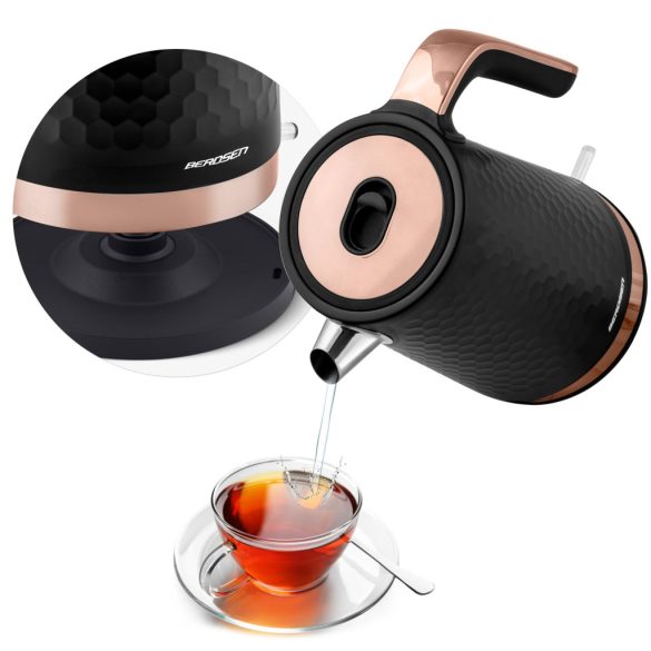 Vízforraló, Berdsen BD-705, 1700 ml, fekete-réz, 1850-2200 W, fém ház, szárazonforrás elleni védelem, 360°-os talp, világító kapcsoló, kivehető vízkőszűrő