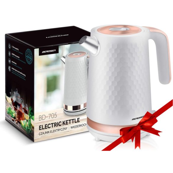 Vízforraló, Berdsen BD-705, 1700 ml, fehér-réz, 1850-2200 W, fém ház, szárazonforrás elleni védelem, 360°-os talp, világító kapcsoló, kivehető vízkőszűrő