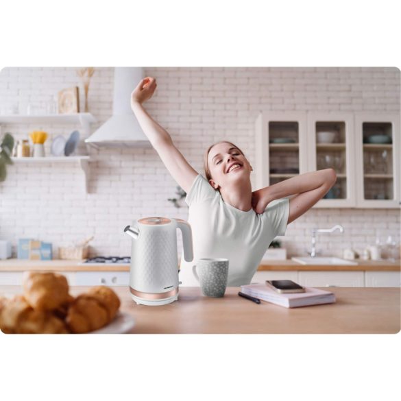 Vízforraló, Berdsen BD-705, 1700 ml, fehér-réz, 1850-2200 W, fém ház, szárazonforrás elleni védelem, 360°-os talp, világító kapcsoló, kivehető vízkőszűrő