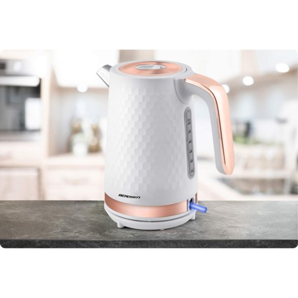 Vízforraló, Berdsen BD-705, 1700 ml, fehér-réz, 1850-2200 W, fém ház, szárazonforrás elleni védelem, 360°-os talp, világító kapcsoló, kivehető vízkőszűrő