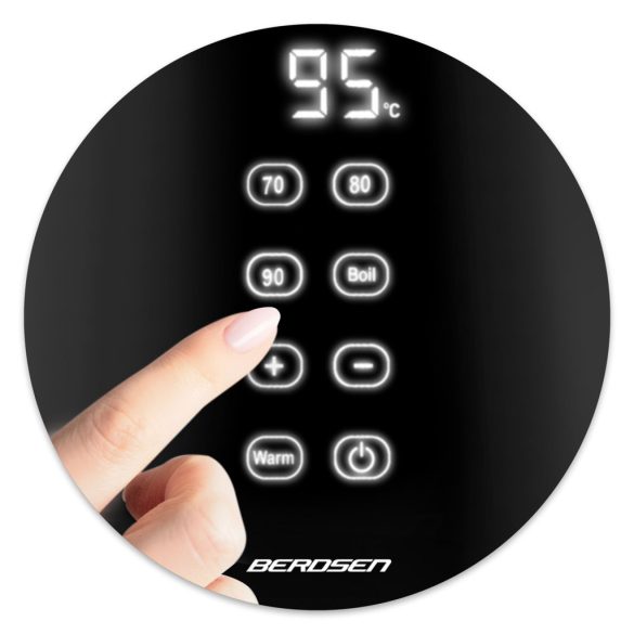 Vízforraló, Berdsen BD-706, 1700 ml, fekete, 1850-2200 W, fém ház, érintőpaneles hőfokbeállítás, melegen tartás 2 óráig, 360°-os talp, hőmérővel