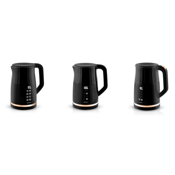 Vízforraló, Berdsen BD-706, 1700 ml, fekete, 1850-2200 W, fém ház, érintőpaneles hőfokbeállítás, melegen tartás 2 óráig, 360°-os talp, hőmérővel