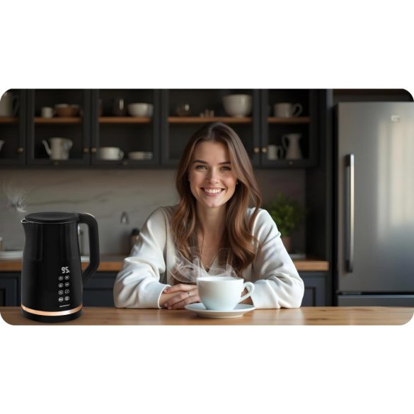 Vízforraló, Berdsen BD-706, 1700 ml, fekete, 1850-2200 W, fém ház, érintőpaneles hőfokbeállítás, melegen tartás 2 óráig, 360°-os talp, hőmérővel