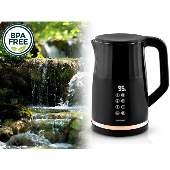 Vízforraló, Berdsen BD-706, 1700 ml, fekete, 1850-2200 W, fém ház, érintőpaneles hőfokbeállítás, melegen tartás 2 óráig, 360°-os talp, hőmérővel