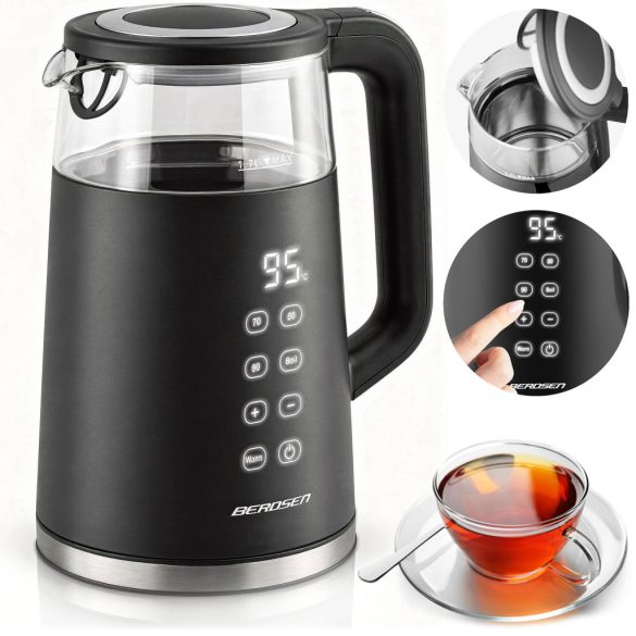 Vízforraló, Berdsen BD-707, 1700 ml, fekete, 1850-2200 W, fém/üveg ház, érintőpaneles hőfokbeállítás, melegen tartás 2 óráig, 360°-os talp, hőmérővel