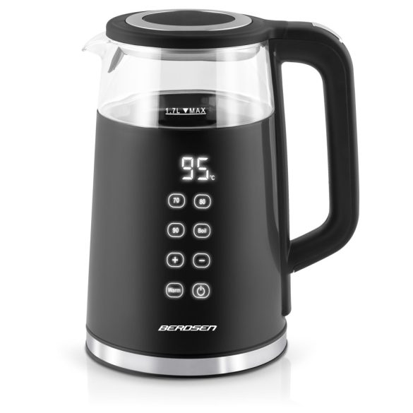 Vízforraló, Berdsen BD-707, 1700 ml, fekete, 1850-2200 W, fém/üveg ház, érintőpaneles hőfokbeállítás, melegen tartás 2 óráig, 360°-os talp, hőmérővel