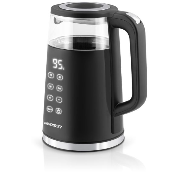 Vízforraló, Berdsen BD-707, 1700 ml, fekete, 1850-2200 W, fém/üveg ház, érintőpaneles hőfokbeállítás, melegen tartás 2 óráig, 360°-os talp, hőmérővel
