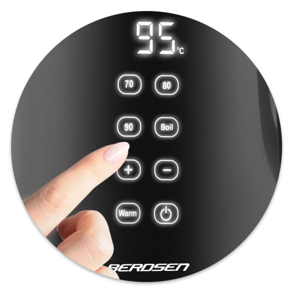 Vízforraló, Berdsen BD-707, 1700 ml, fekete, 1850-2200 W, fém/üveg ház, érintőpaneles hőfokbeállítás, melegen tartás 2 óráig, 360°-os talp, hőmérővel
