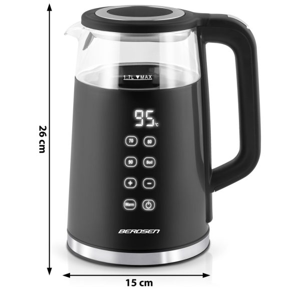 Vízforraló, Berdsen BD-707, 1700 ml, fekete, 1850-2200 W, fém/üveg ház, érintőpaneles hőfokbeállítás, melegen tartás 2 óráig, 360°-os talp, hőmérővel