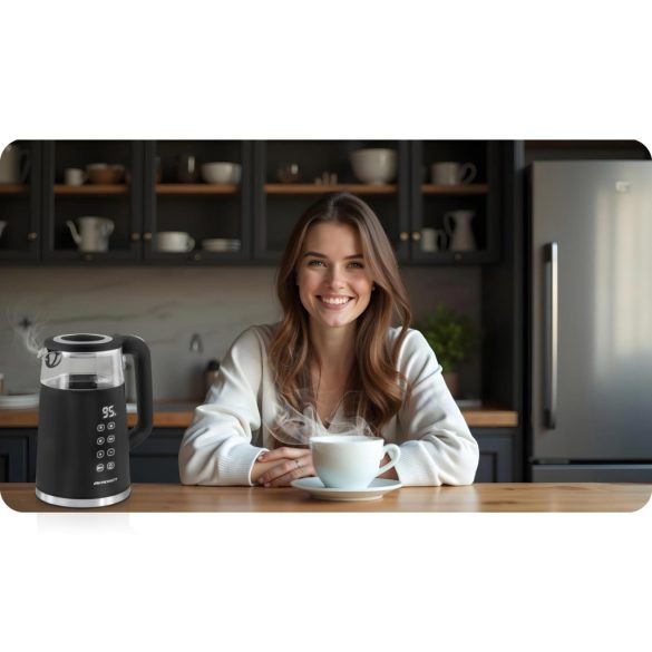 Vízforraló, Berdsen BD-707, 1700 ml, fekete, 1850-2200 W, fém/üveg ház, érintőpaneles hőfokbeállítás, melegen tartás 2 óráig, 360°-os talp, hőmérővel