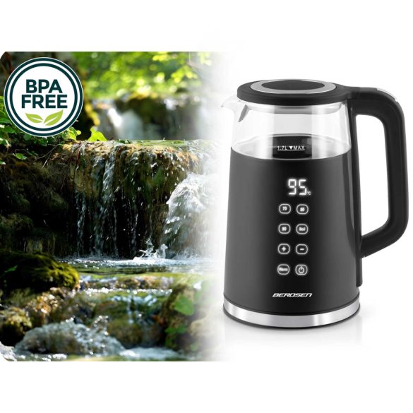 Vízforraló, Berdsen BD-707, 1700 ml, fekete, 1850-2200 W, fém/üveg ház, érintőpaneles hőfokbeállítás, melegen tartás 2 óráig, 360°-os talp, hőmérővel