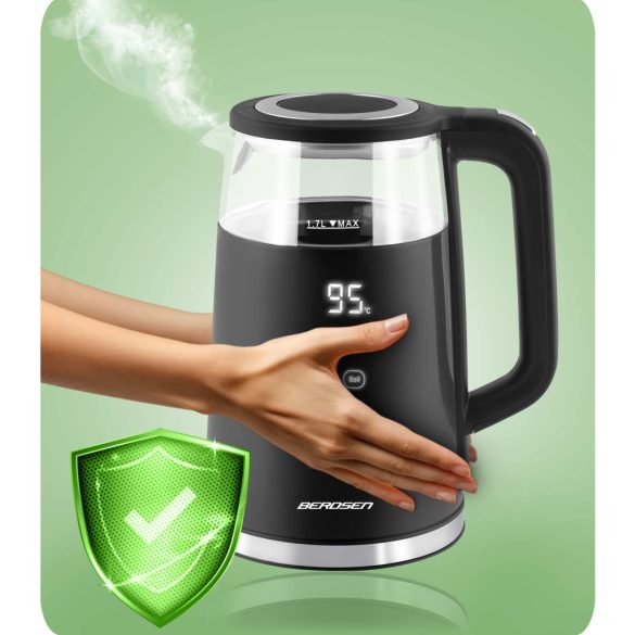 Vízforraló, Berdsen BD-707, 1700 ml, fekete, 1850-2200 W, fém/üveg ház, érintőpaneles hőfokbeállítás, melegen tartás 2 óráig, 360°-os talp, hőmérővel