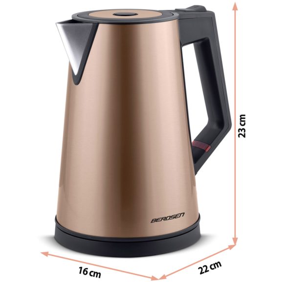 Vízforraló, Berdsen BD-708, 1700 ml, réz, 1850-2200 W, duplafalú, szárazonforrás elleni védelem, nem melegedő burkolat, melegen tartás 2 óráig, 360°-os talp