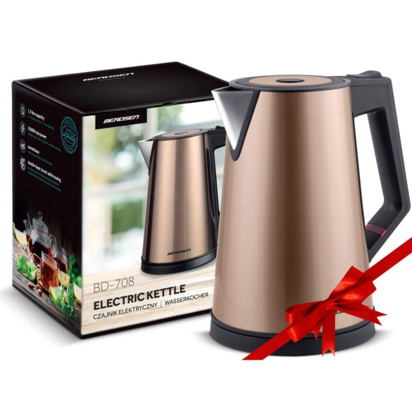 Vízforraló, Berdsen BD-708, 1700 ml, réz, 1850-2200 W, duplafalú, szárazonforrás elleni védelem, nem melegedő burkolat, melegen tartás 2 óráig, 360°-os talp