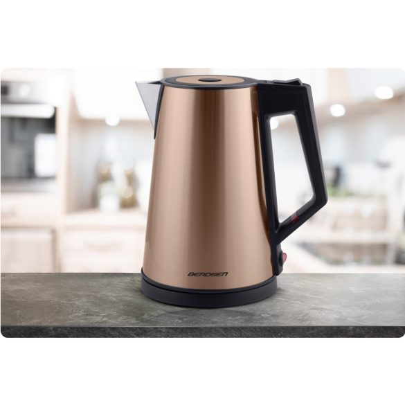 Vízforraló, Berdsen BD-708, 1700 ml, réz, 1850-2200 W, duplafalú, szárazonforrás elleni védelem, nem melegedő burkolat, melegen tartás 2 óráig, 360°-os talp