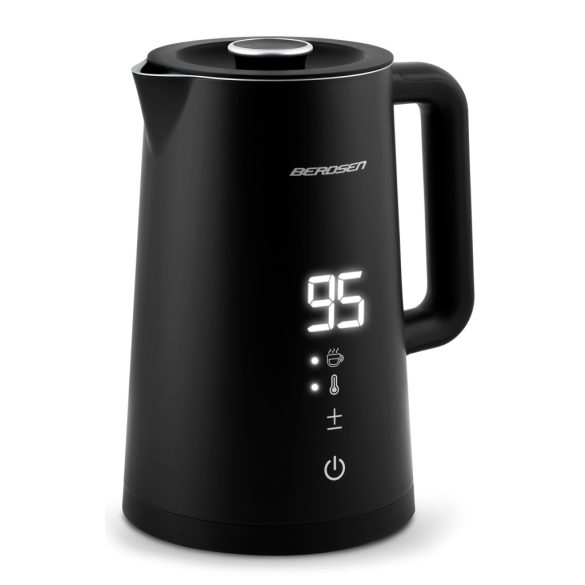 Vízforraló, Berdsen BD-709, 1700 ml, fekete, 1850-2200 W, duplafalú, érintőpaneles hőfokbeállítás, nem melegedő fogantyú, melegen tartás 2 óráig, 360°-os talp, hőmérővel