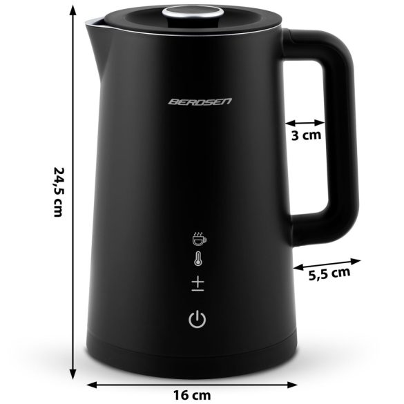 Vízforraló, Berdsen BD-709, 1700 ml, fekete, 1850-2200 W, duplafalú, érintőpaneles hőfokbeállítás, nem melegedő fogantyú, melegen tartás 2 óráig, 360°-os talp, hőmérővel